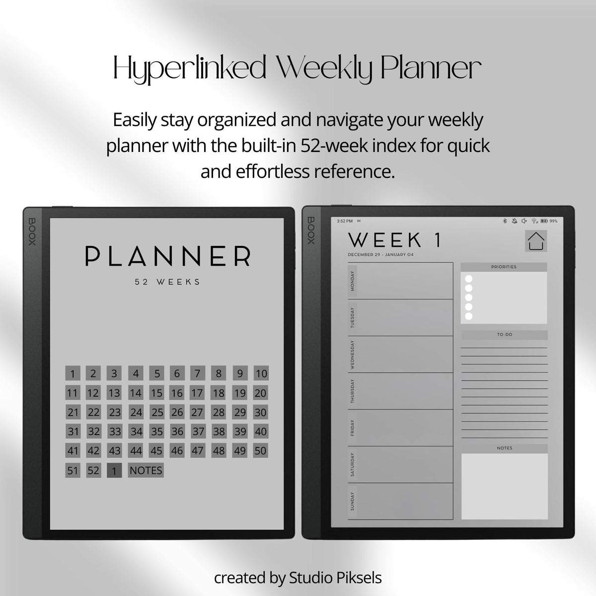 52 Week Planner for BOOX: Weekly 2026 Planner With Full Year Calendar, Linked Week Tabs and Minimalist Weekly Layouts