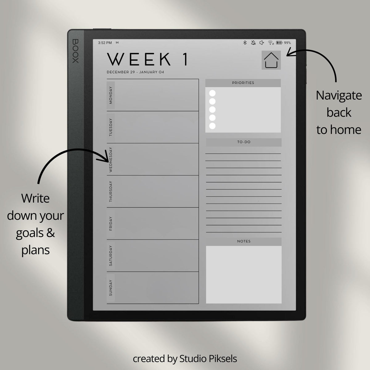 2026 Planner for BOOX devices with hyperlinked weekly planning pages, to-do sections, and minimalist productivity layouts.