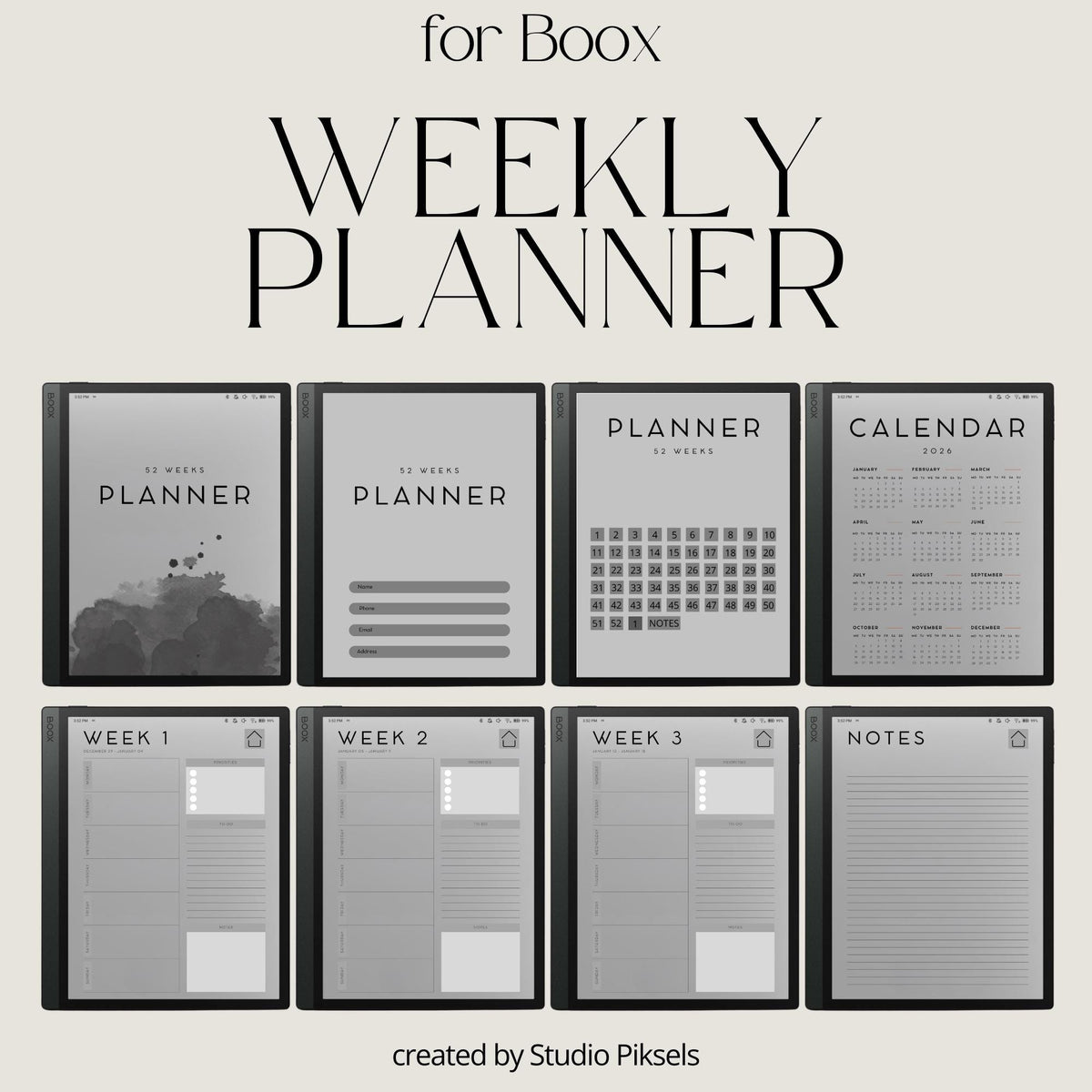 2026 Planner for BOOX devices with hyperlinked weekly planning pages, to-do sections, and minimalist productivity layouts.