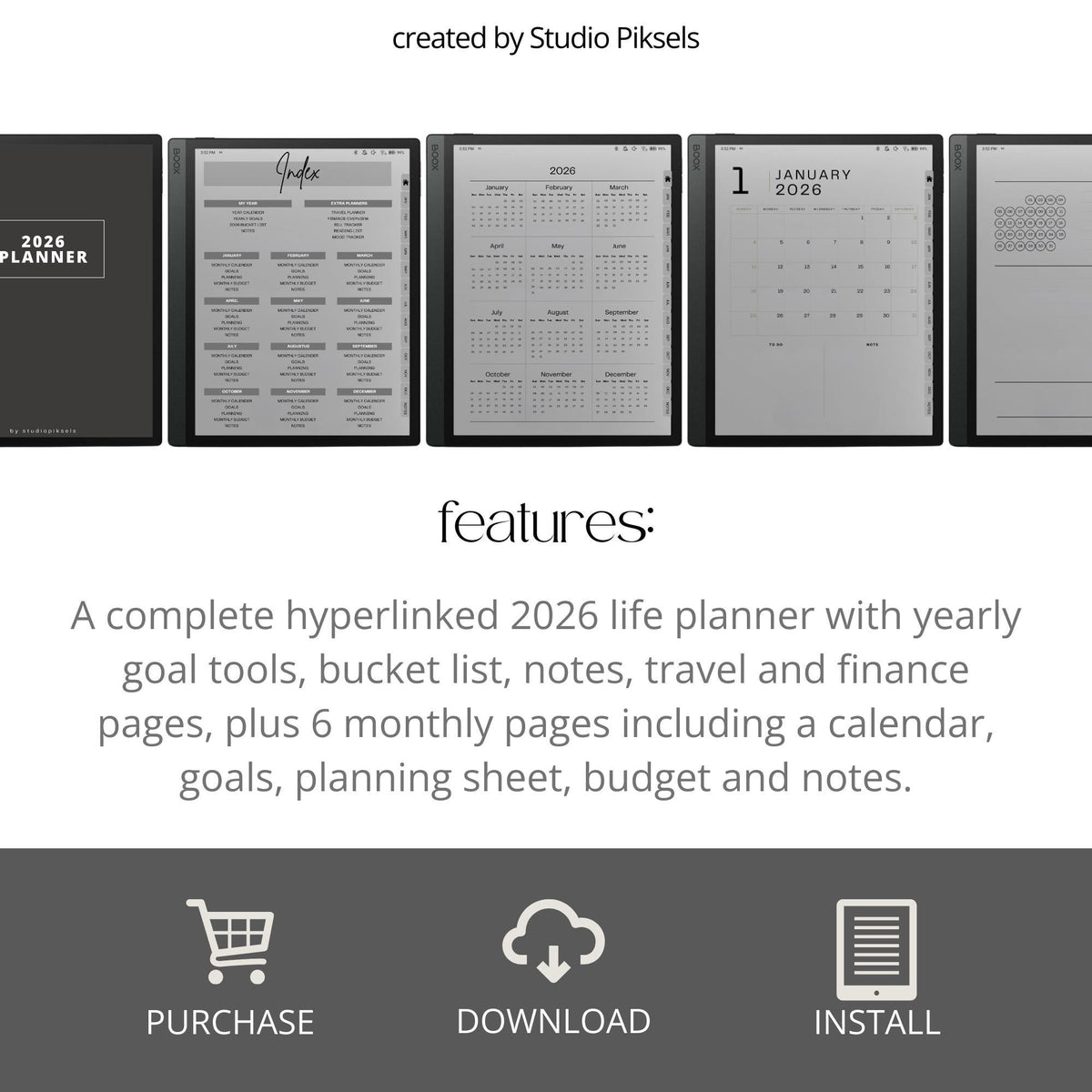 Hyperlinked 2026 Planner for BOOX tablets featuring monthly calendars, goal planning pages, budget trackers, mood tracking, and productivity tools.