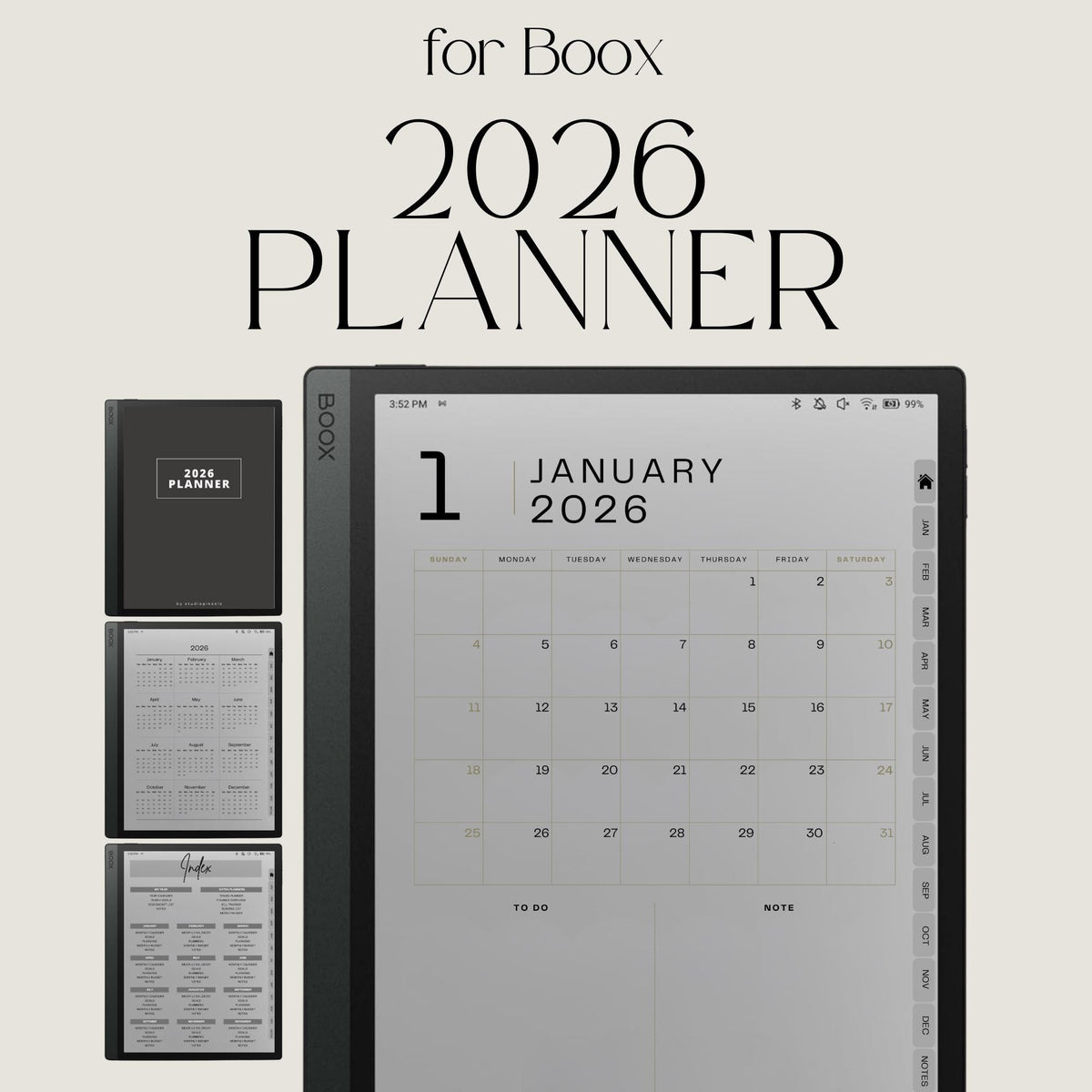 Hyperlinked 2026 Planner for BOOX tablets featuring monthly calendars, goal planning pages, budget trackers, mood tracking, and productivity tools.