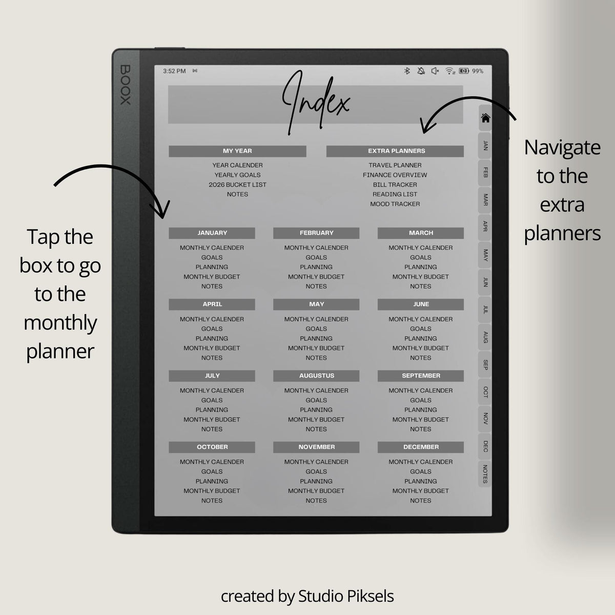Hyperlinked 2026 Planner for BOOX tablets featuring monthly calendars, goal planning pages, budget trackers, mood tracking, and productivity tools.