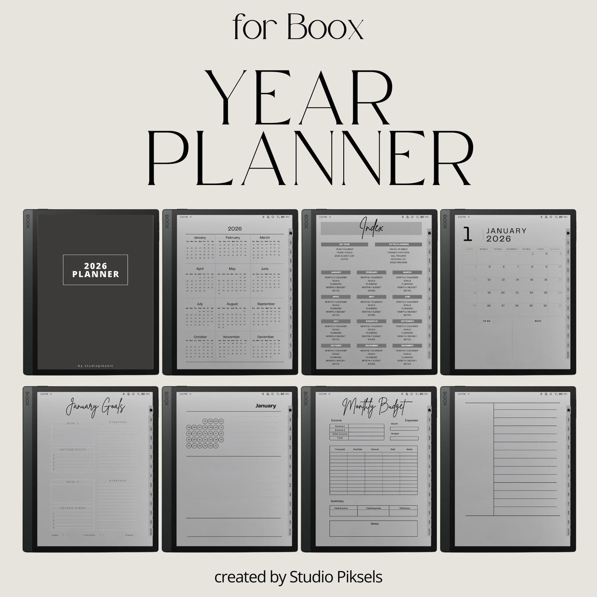 Hyperlinked 2026 Planner for BOOX tablets featuring monthly calendars, goal planning pages, budget trackers, mood tracking, and productivity tools.