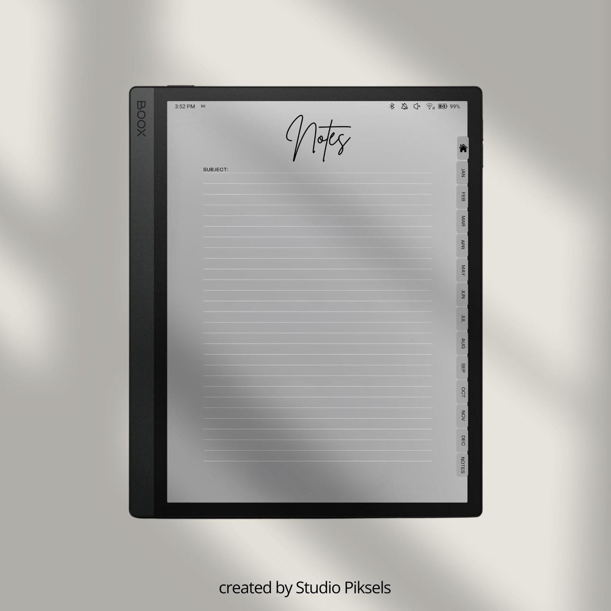 Hyperlinked 2026 Planner for BOOX tablets featuring monthly calendars, goal planning pages, budget trackers, mood tracking, and productivity tools.