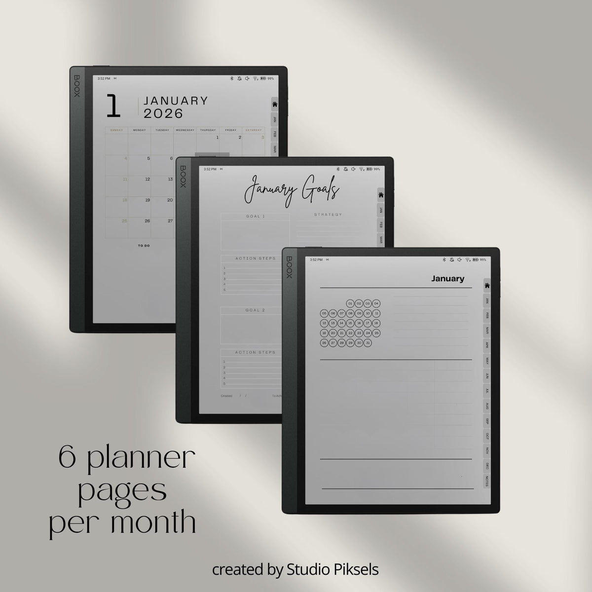 Hyperlinked 2026 Planner for BOOX tablets featuring monthly calendars, goal planning pages, budget trackers, mood tracking, and productivity tools.