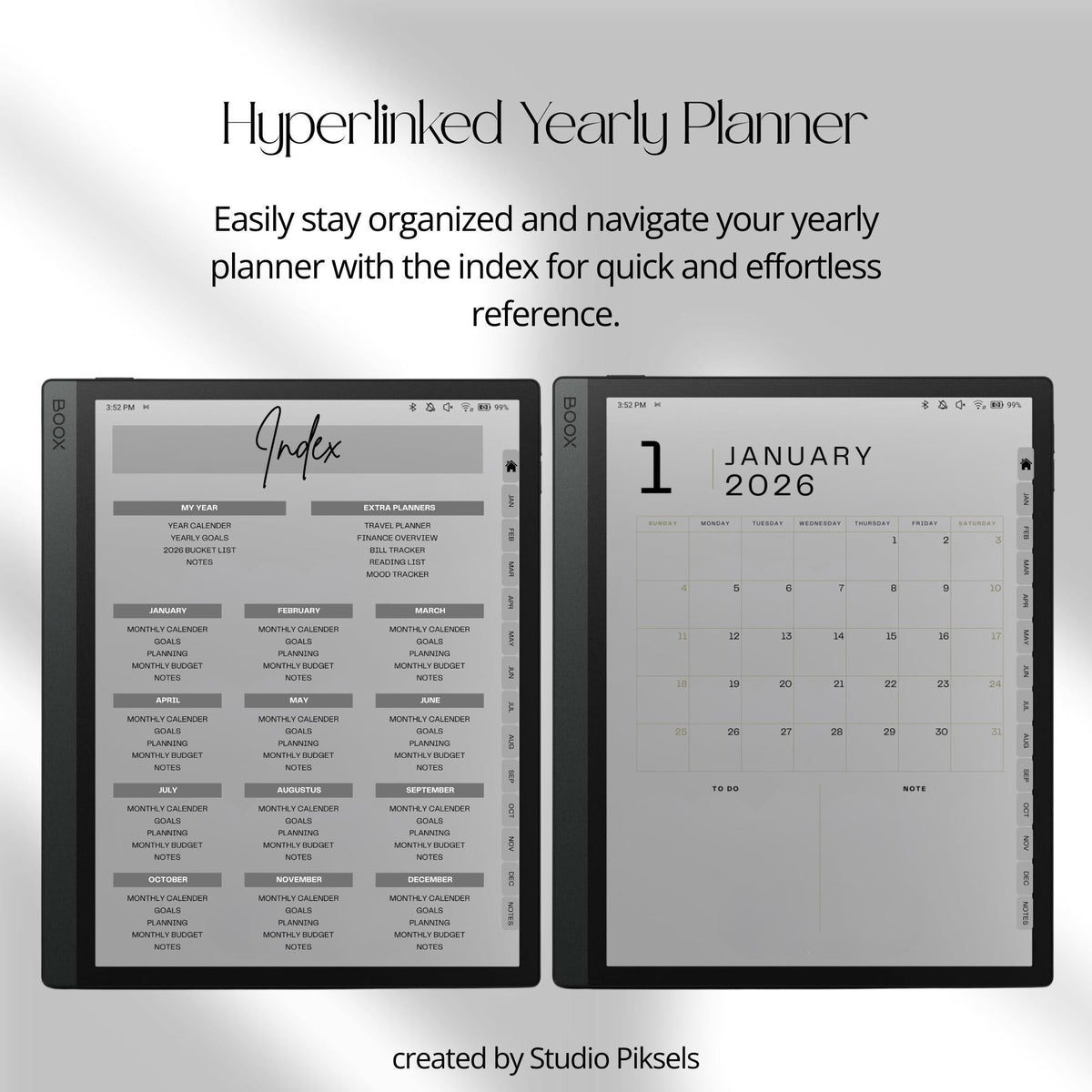 Hyperlinked 2026 Planner for BOOX tablets featuring monthly calendars, goal planning pages, budget trackers, mood tracking, and productivity tools.