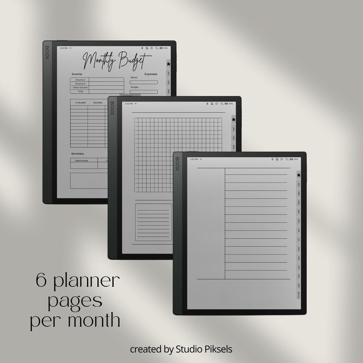 Hyperlinked 2026 Planner for BOOX tablets featuring monthly calendars, goal planning pages, budget trackers, mood tracking, and productivity tools.