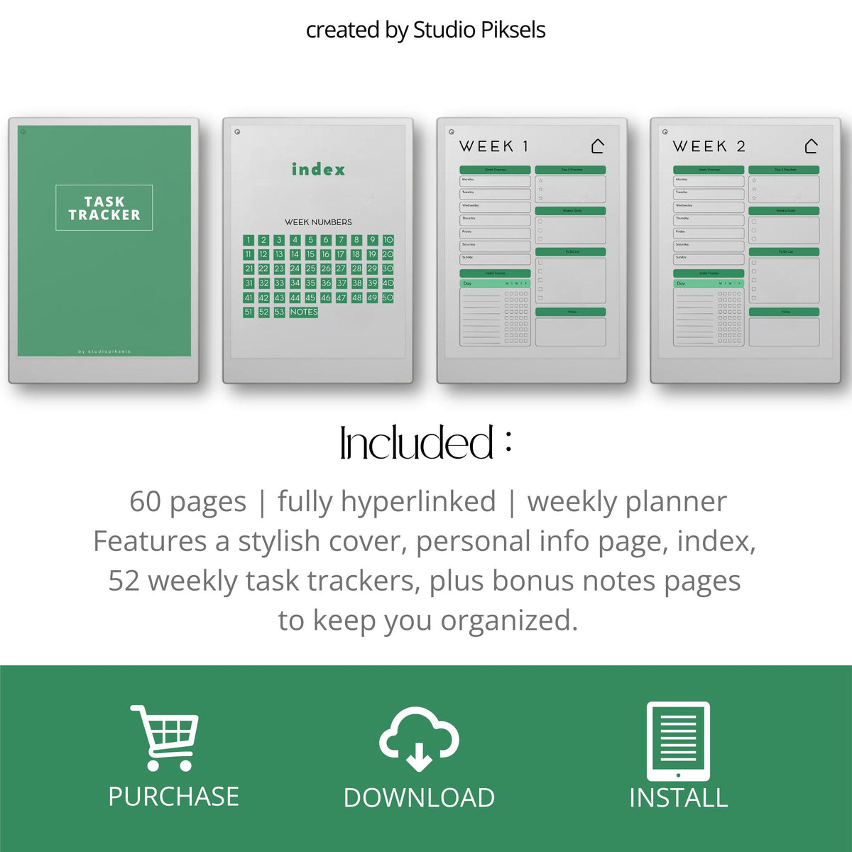 Task Tracker bundle for reMarkable Paper Pro with hyperlinked 52-week weekly planner pages, structured task management layouts, priority planning sections, goal tracking, habit tracking, to-do lists, and minimalist digital planner design optimized for distraction-free weekly organization.