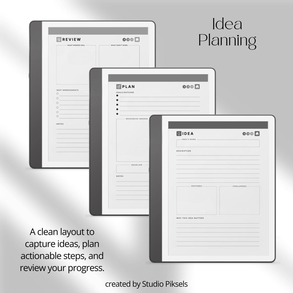 Idea Planner for Kindle Scribe with guided brainstorming layouts, planning pages, review sections, and hyperlinked digital notes pages.