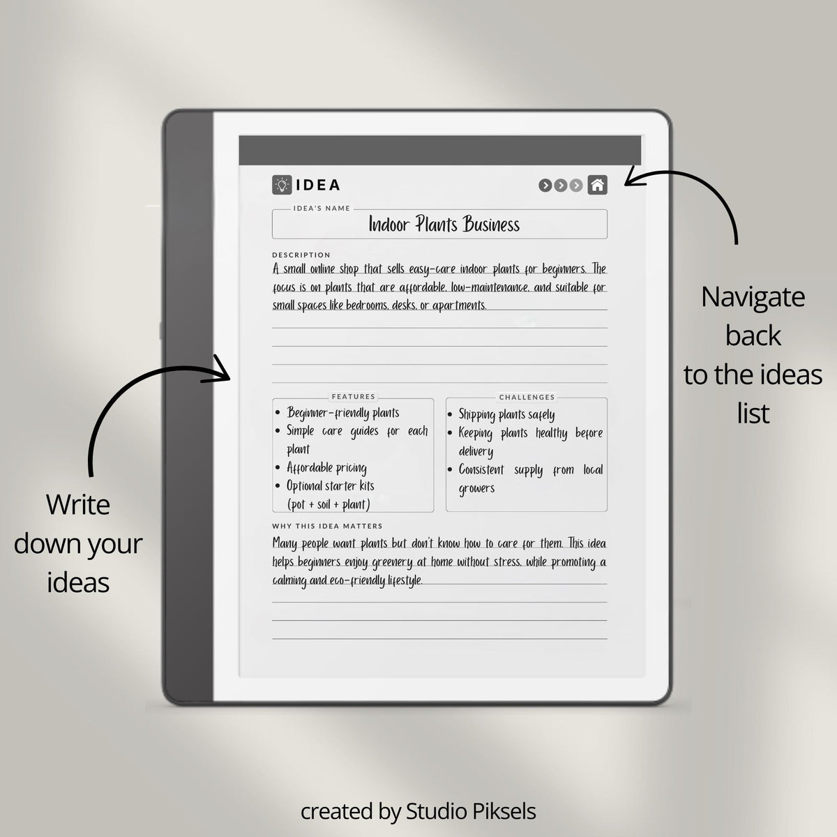 Idea Planner for Kindle Scribe with guided brainstorming layouts, planning pages, review sections, and hyperlinked digital notes pages.