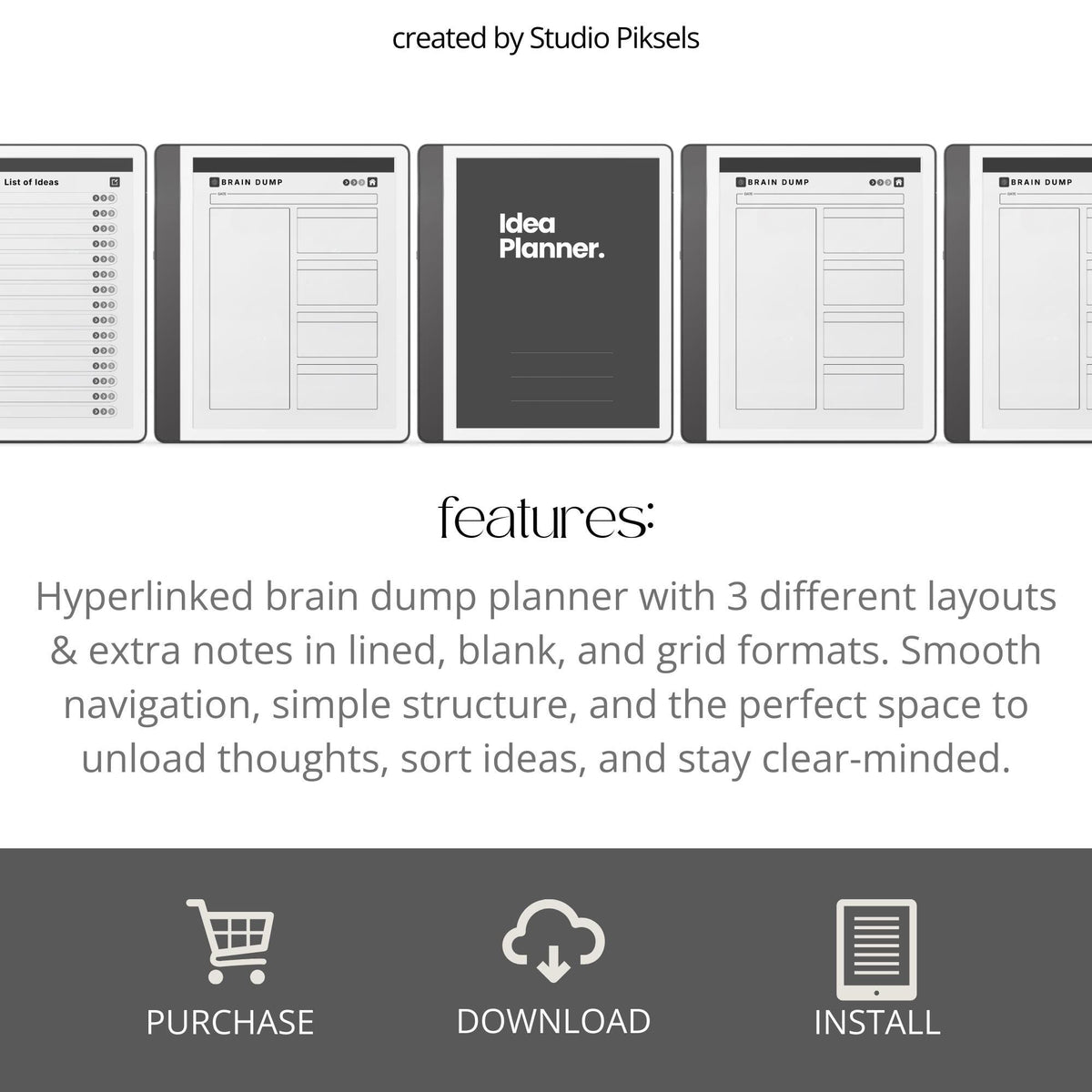 Brain Dump Notebook for Kindle Scribe featuring structured box layouts, lined list pages, open writing spaces, and hyperlinked navigation for brainstorming, planning, and digital note-taking.