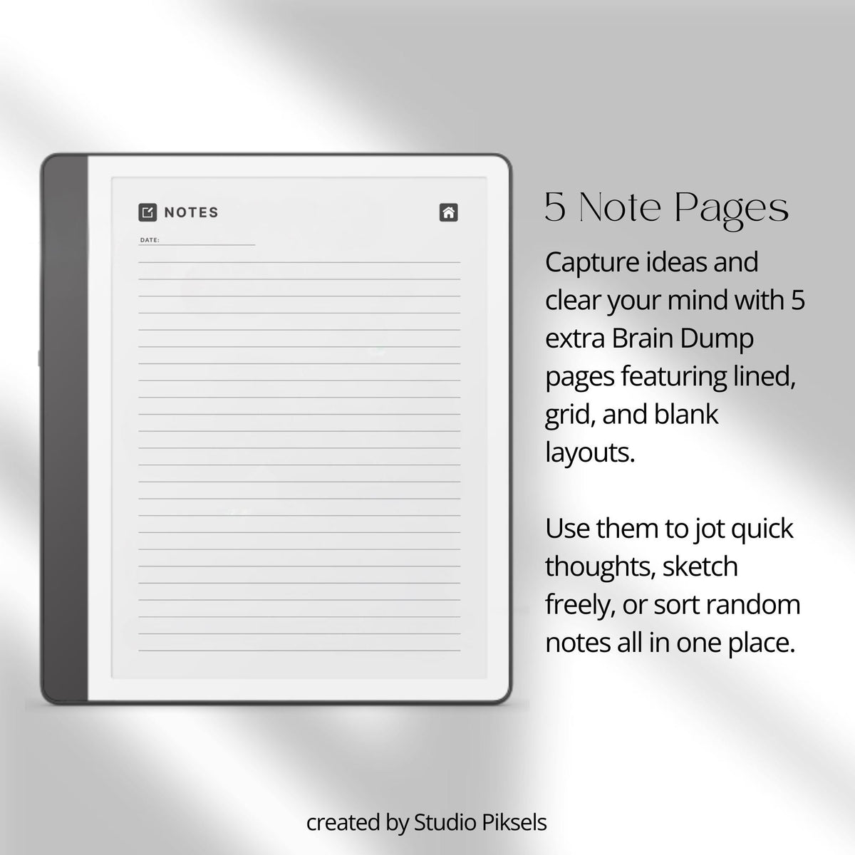 Brain Dump Notebook for Kindle Scribe featuring structured box layouts, lined list pages, open writing spaces, and hyperlinked navigation for brainstorming, planning, and digital note-taking.