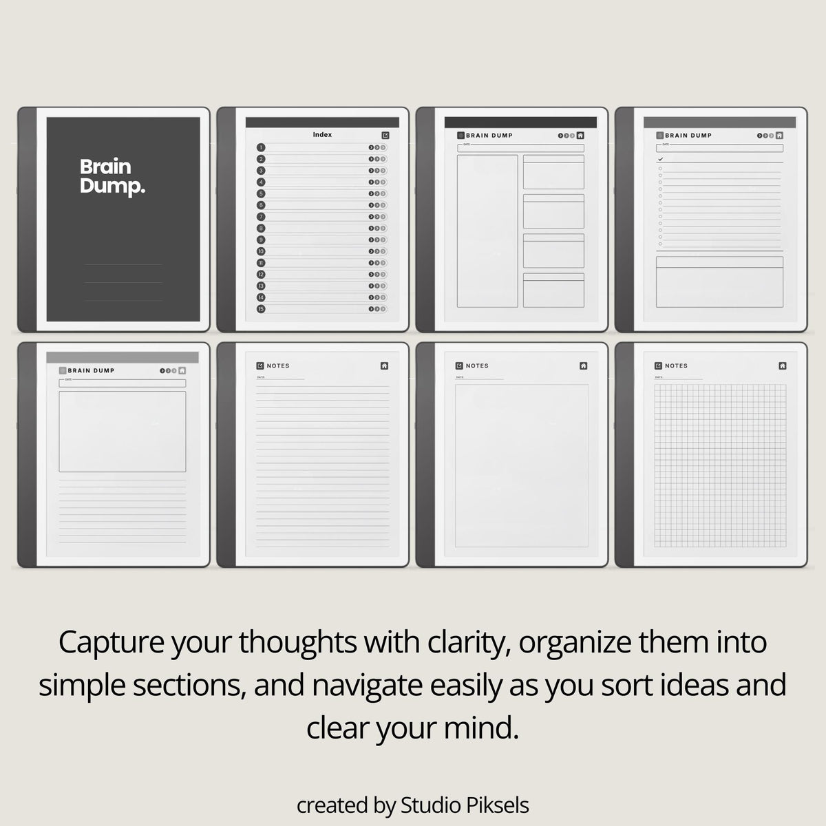 Brain Dump Notebook for Kindle Scribe featuring structured box layouts, lined list pages, open writing spaces, and hyperlinked navigation for brainstorming, planning, and digital note-taking.