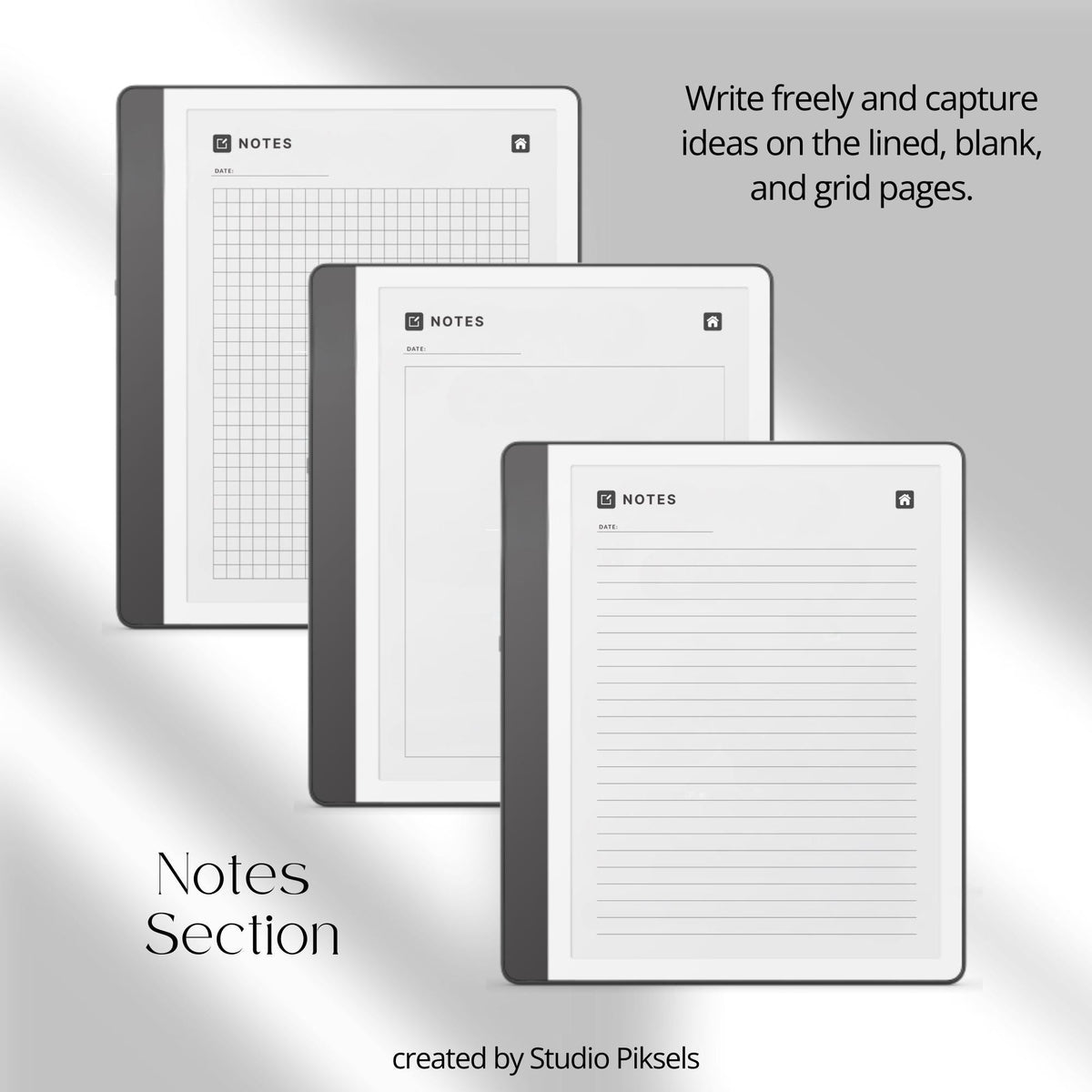 Brain Dump Notebook for Kindle Scribe featuring structured box layouts, lined list pages, open writing spaces, and hyperlinked navigation for brainstorming, planning, and digital note-taking.
