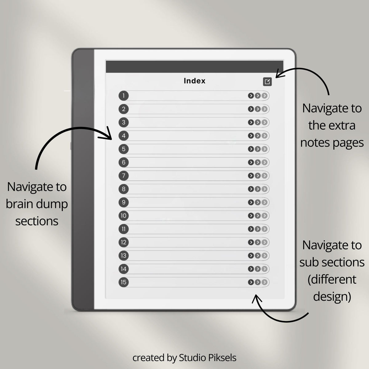 Brain Dump Notebook for Kindle Scribe featuring structured box layouts, lined list pages, open writing spaces, and hyperlinked navigation for brainstorming, planning, and digital note-taking.