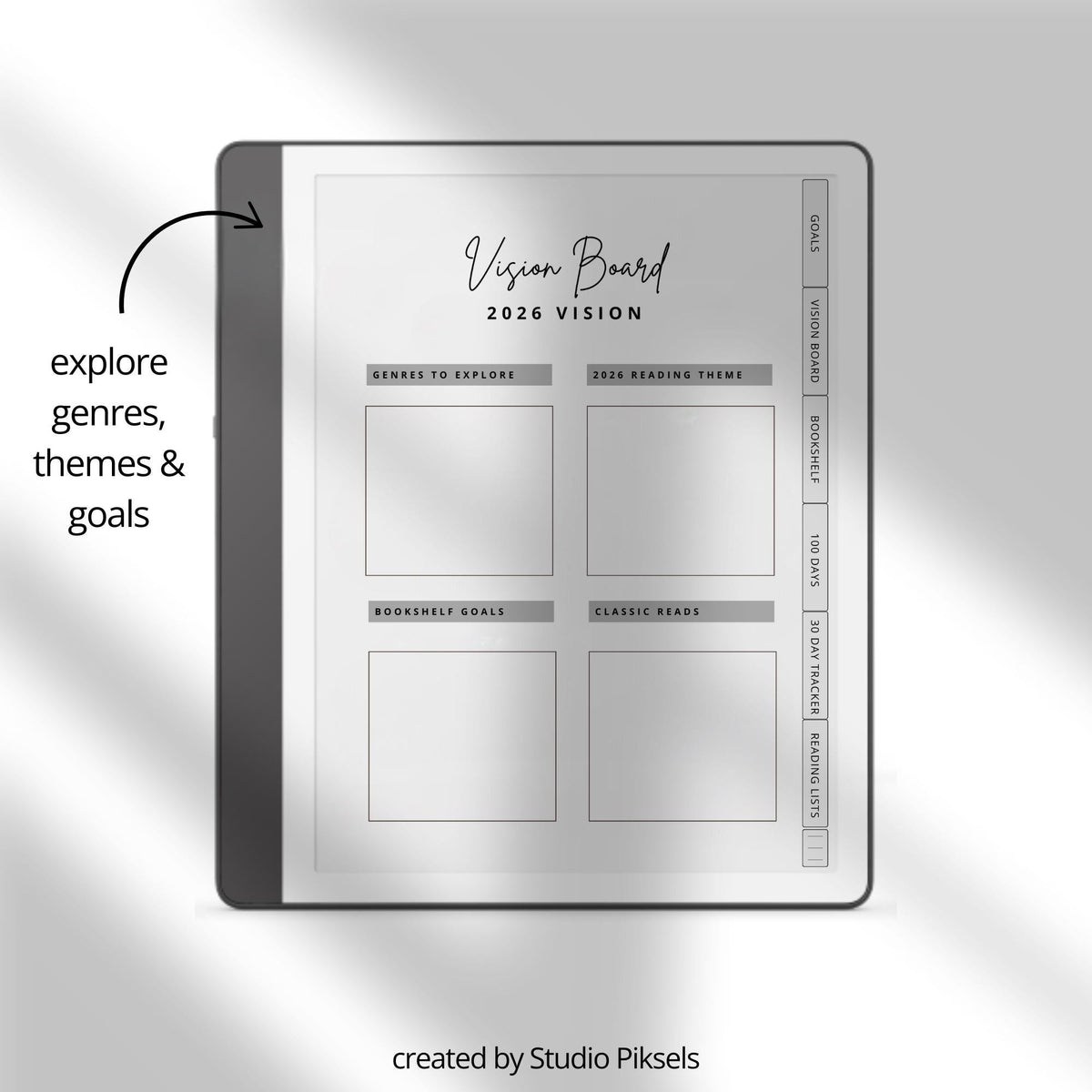 Minimalist Reading Challenge Planner for Kindle Scribe featuring reading goals, bookshelf trackers, challenge prompts, reading logs, and reflection pages.