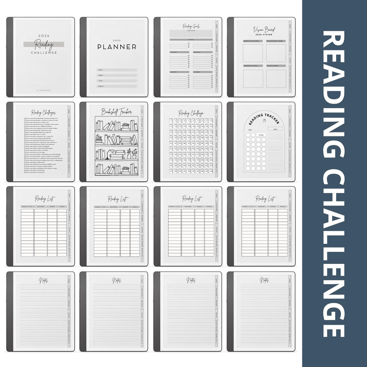Minimalist Reading Challenge Planner for Kindle Scribe featuring reading goals, bookshelf trackers, challenge prompts, reading logs, and reflection pages.