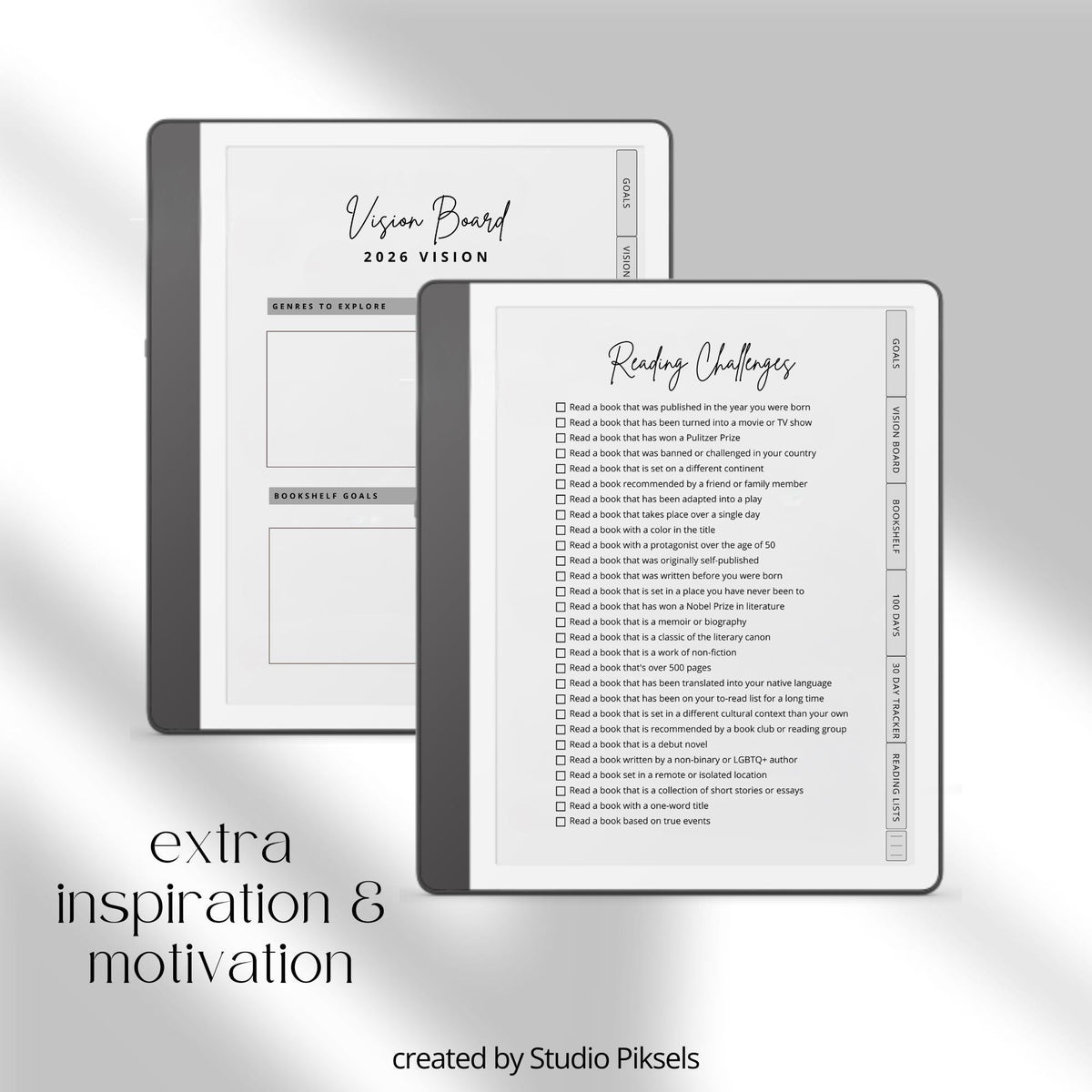 Minimalist Reading Challenge Planner for Kindle Scribe featuring reading goals, bookshelf trackers, challenge prompts, reading logs, and reflection pages.