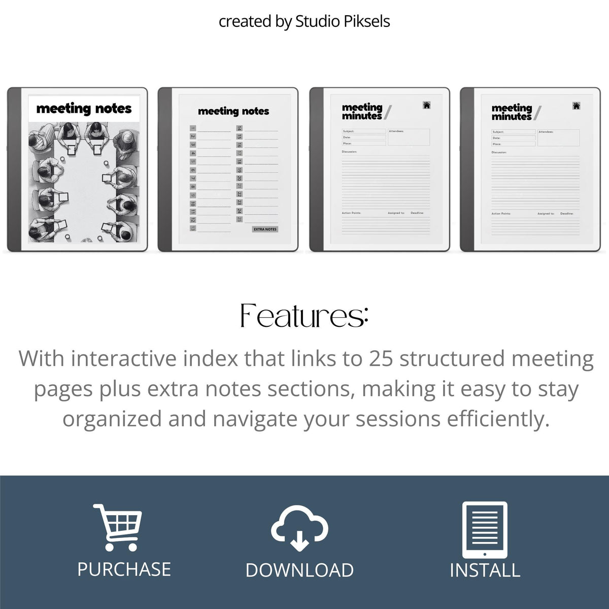 Meeting Notes Notebook for Kindle Scribe featuring hyperlinked meeting pages, action point trackers, extra notes sections, and structured layouts for professional digital note-taking.