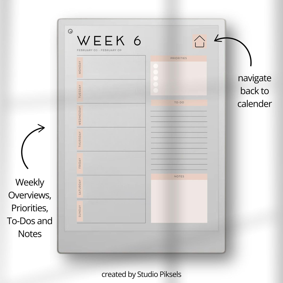 2026 Year Planner for reMarkable Paper Pro with hyperlinked weekly planning pages, minimalist scheduling layouts, task management sections, and digital PDF organization tools.