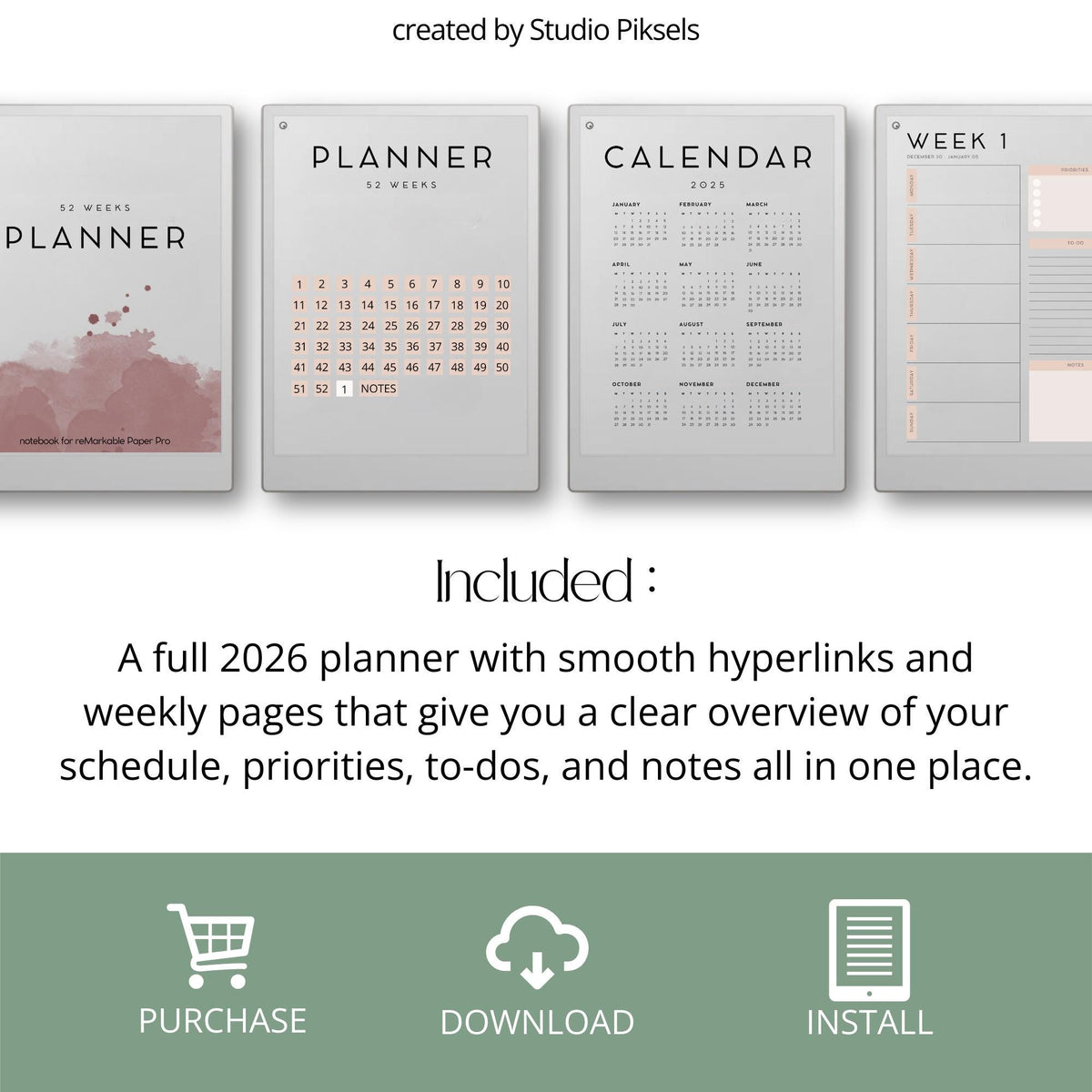 2026 Year Planner for reMarkable Paper Pro with hyperlinked weekly planning pages, minimalist scheduling layouts, task management sections, and digital PDF organization tools.