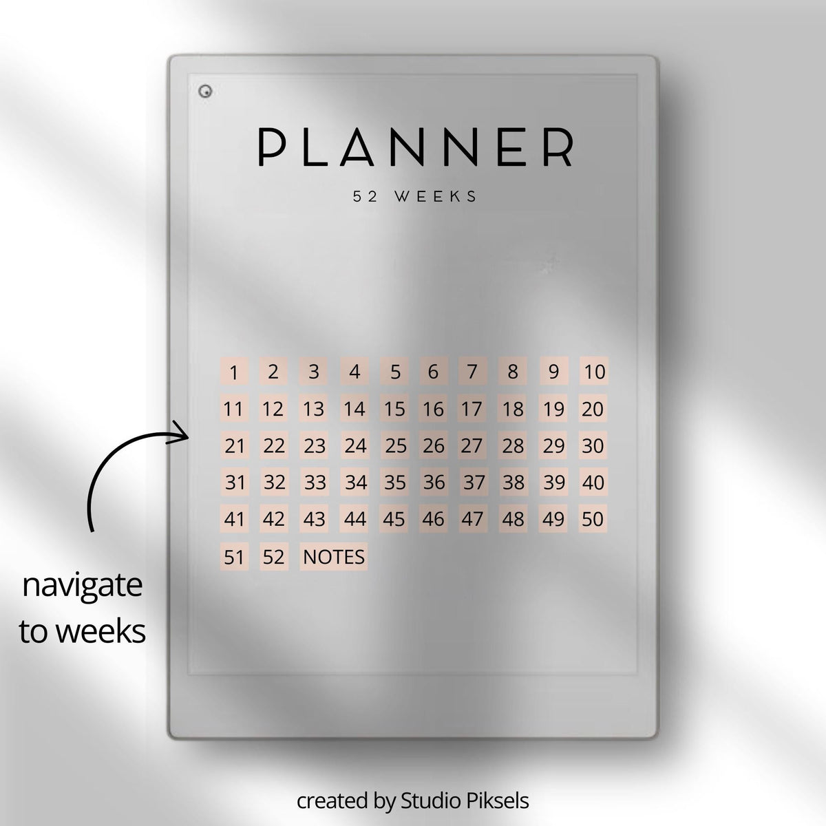 2026 Year Planner for reMarkable Paper Pro with hyperlinked weekly planning pages, minimalist scheduling layouts, task management sections, and digital PDF organization tools.
