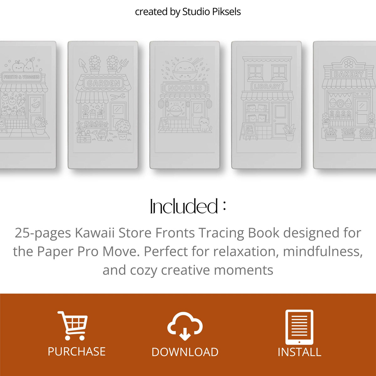 Cozy kawaii storefront tracing book for reMarkable Paper Pro Move featuring cafés, bakeries, flower shops, and cute small town tracing pages for mindful creativity and relaxation.