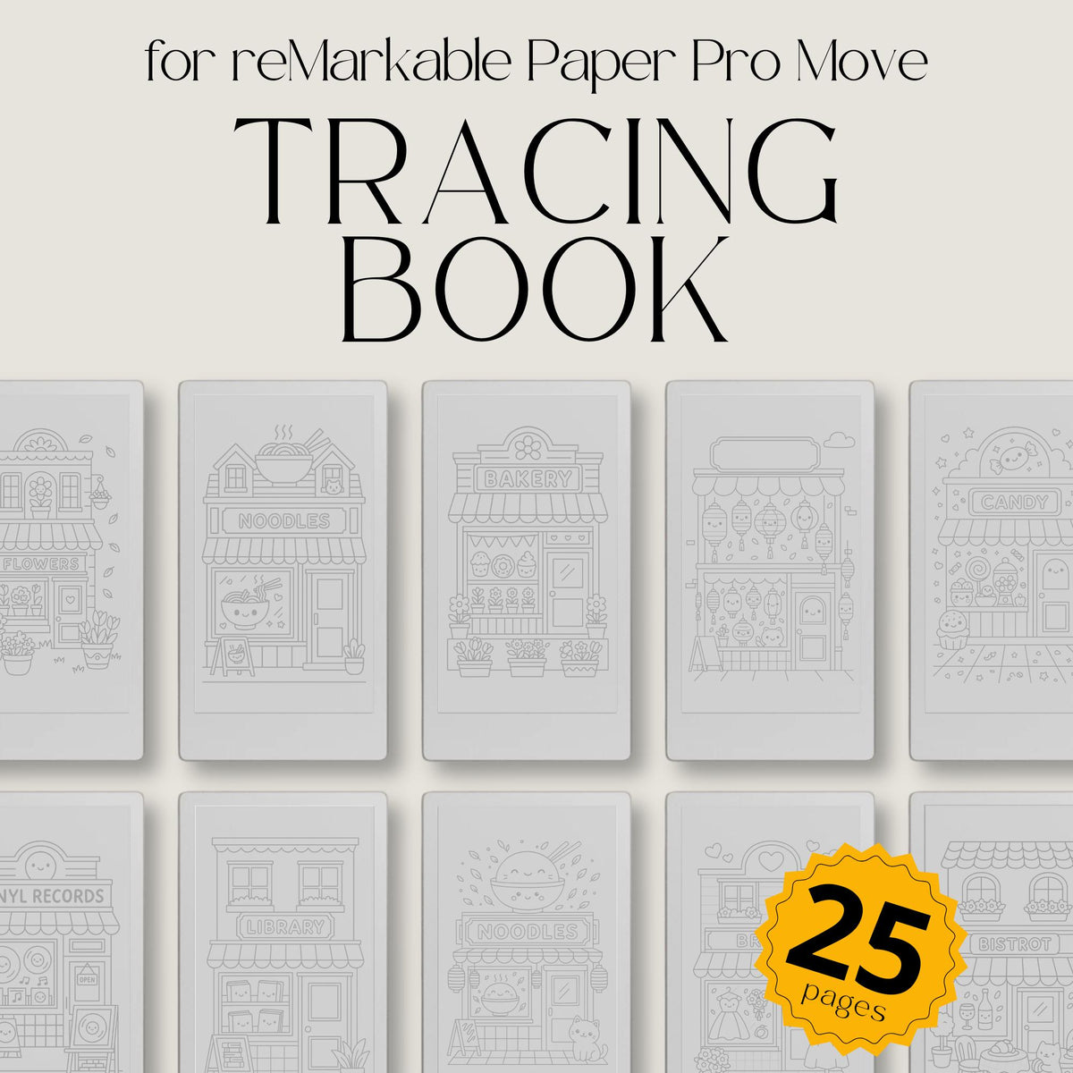 Cozy kawaii storefront tracing book for reMarkable Paper Pro Move featuring cafés, bakeries, flower shops, and cute small town tracing pages for mindful creativity and relaxation.