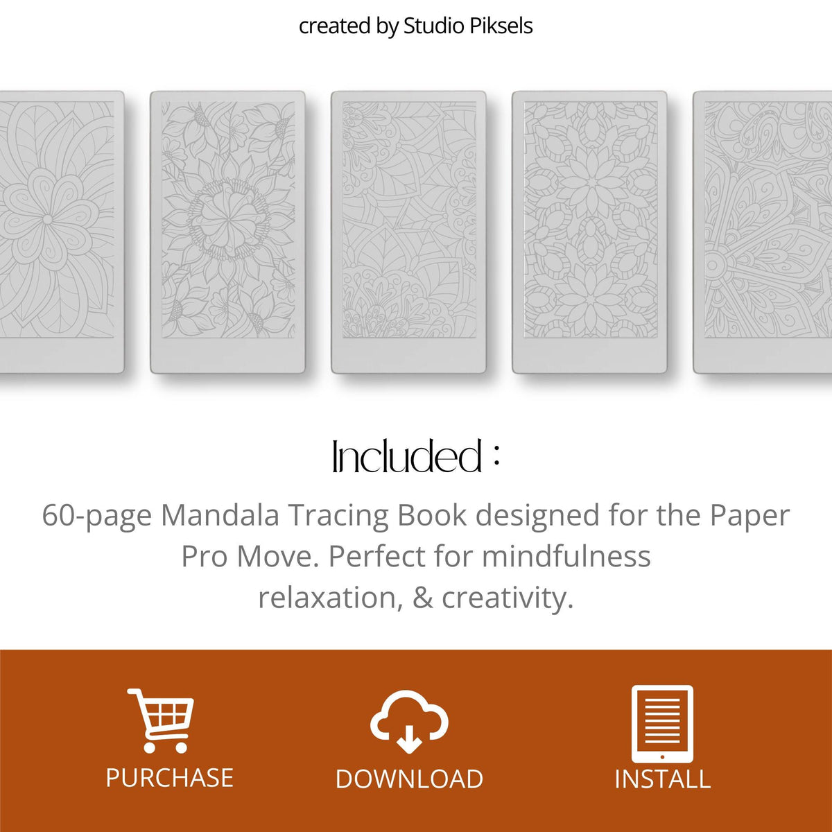 Calming mandala tracing book for reMarkable Paper Pro Move featuring floral and geometric tracing patterns with 60 mindful digital tracing pages for relaxation and creativity.