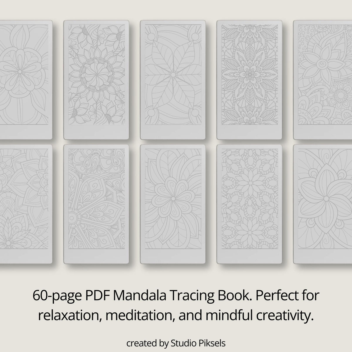 Calming mandala tracing book for reMarkable Paper Pro Move featuring floral and geometric tracing patterns with 60 mindful digital tracing pages for relaxation and creativity.