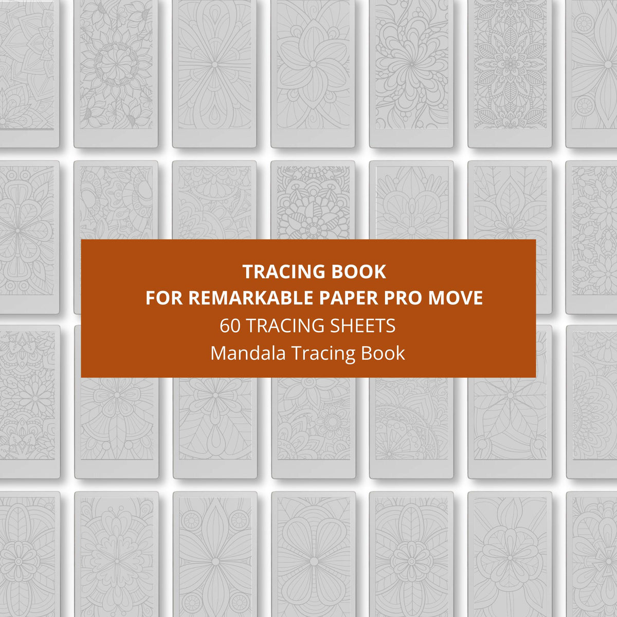 Calming mandala tracing book for reMarkable Paper Pro Move featuring floral and geometric tracing patterns with 60 mindful digital tracing pages for relaxation and creativity.