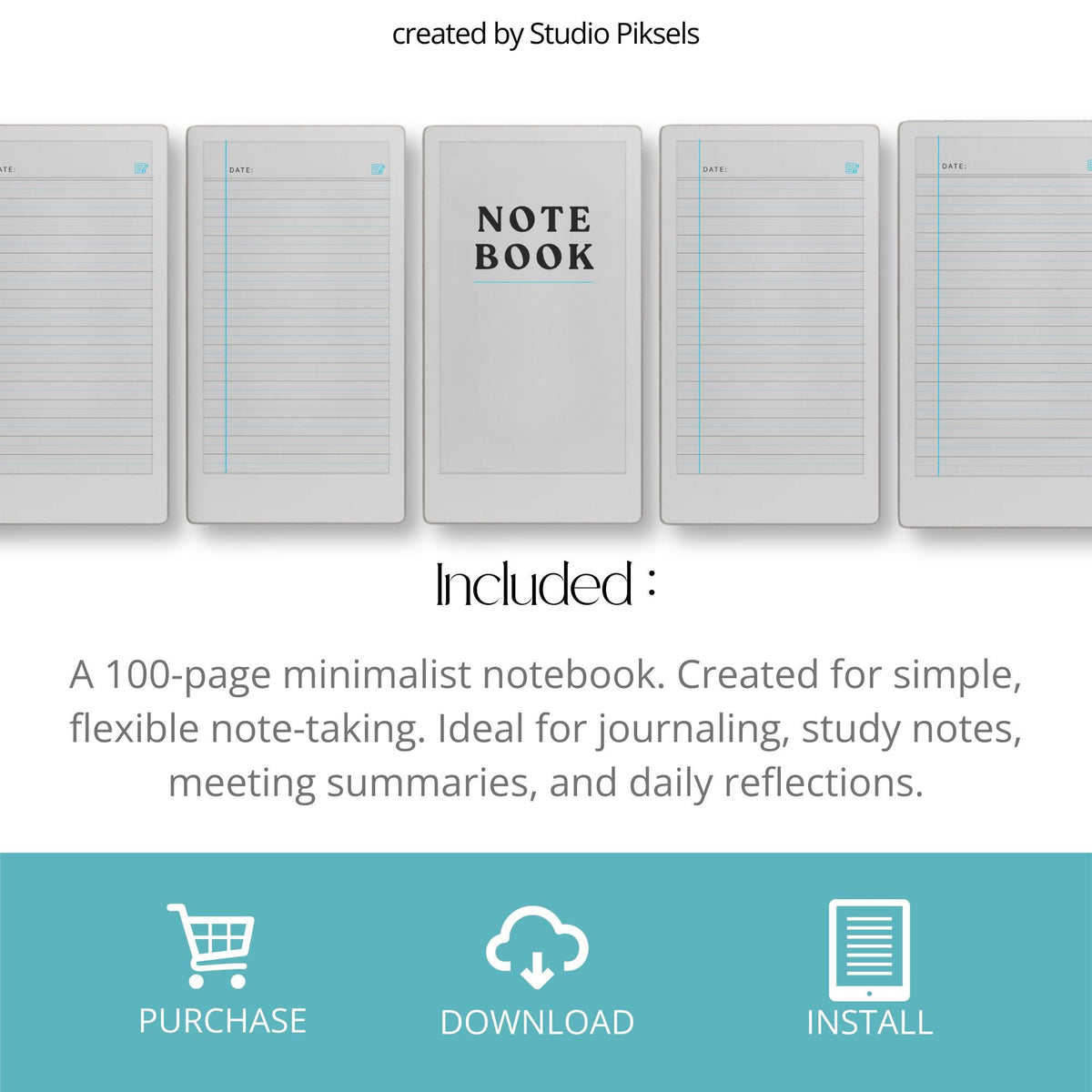 Legal ruled digital notebook for reMarkable Paper Pro Move with blue margin lines and 100 structured writing pages