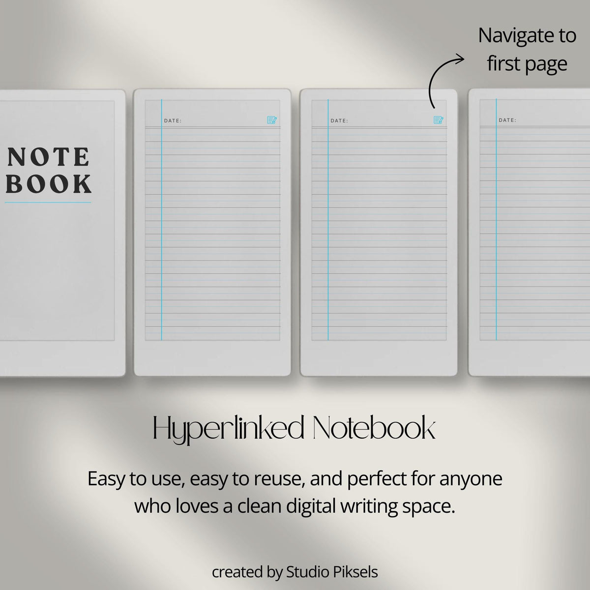 Legal ruled digital notebook for reMarkable Paper Pro Move with blue margin lines and 100 structured writing pages
