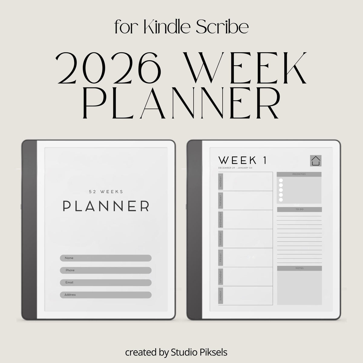 2026 Weekly Planner for Kindle Scribe with hyperlinked weekly planning pages, yearly calendar overview, and minimalist productivity layouts.