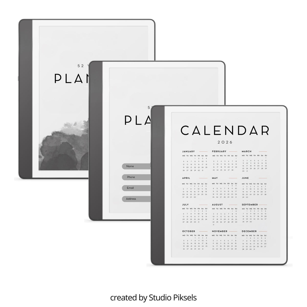 2026 Weekly Planner for Kindle Scribe with hyperlinked weekly planning pages, yearly calendar overview, and minimalist productivity layouts.
