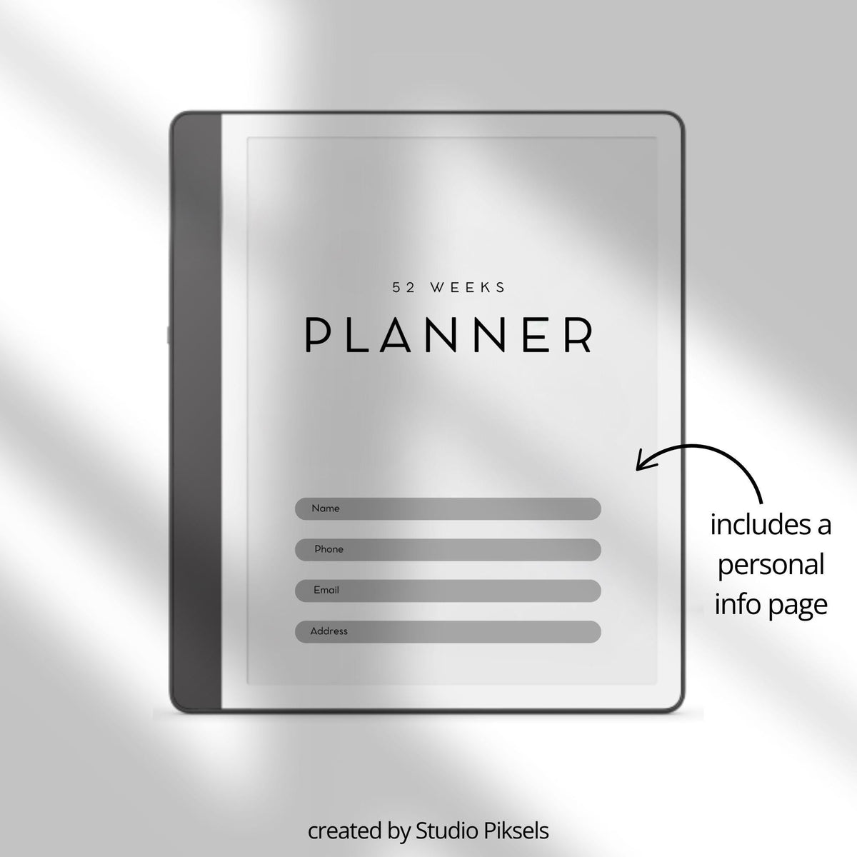 2026 Weekly Planner for Kindle Scribe with hyperlinked weekly planning pages, yearly calendar overview, and minimalist productivity layouts.
