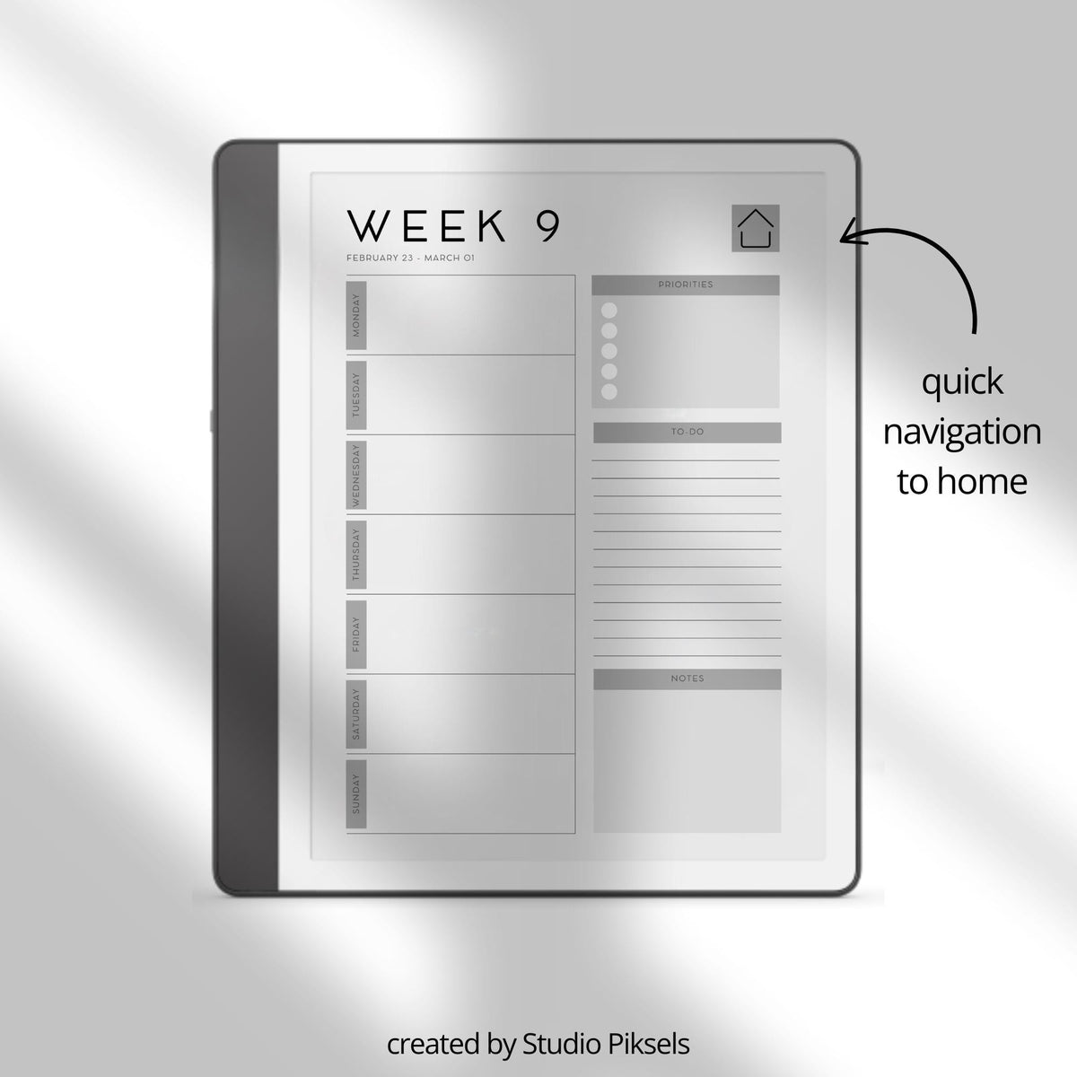 2026 Weekly Planner for Kindle Scribe with hyperlinked weekly planning pages, yearly calendar overview, and minimalist productivity layouts.