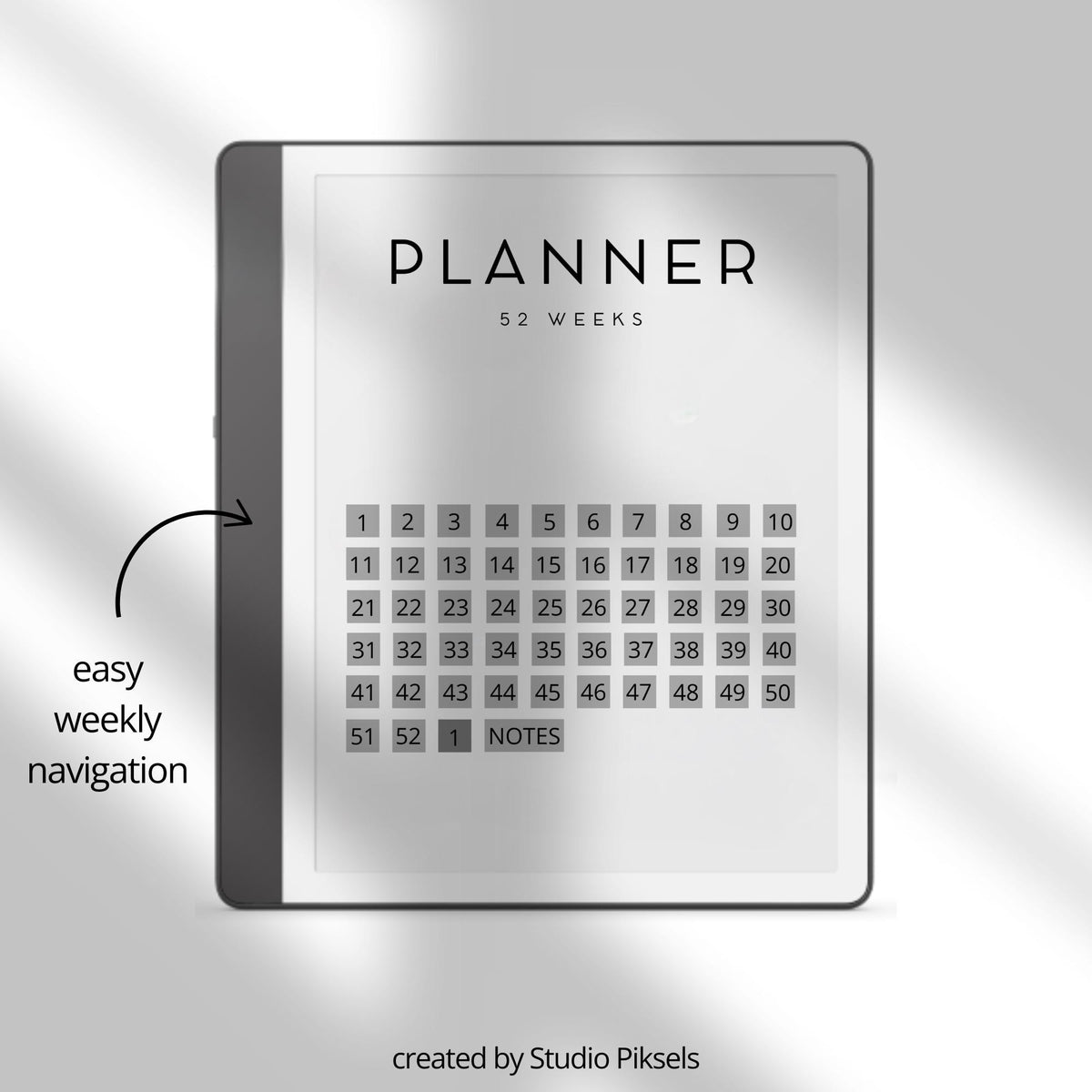 2026 Weekly Planner for Kindle Scribe with hyperlinked weekly planning pages, yearly calendar overview, and minimalist productivity layouts.