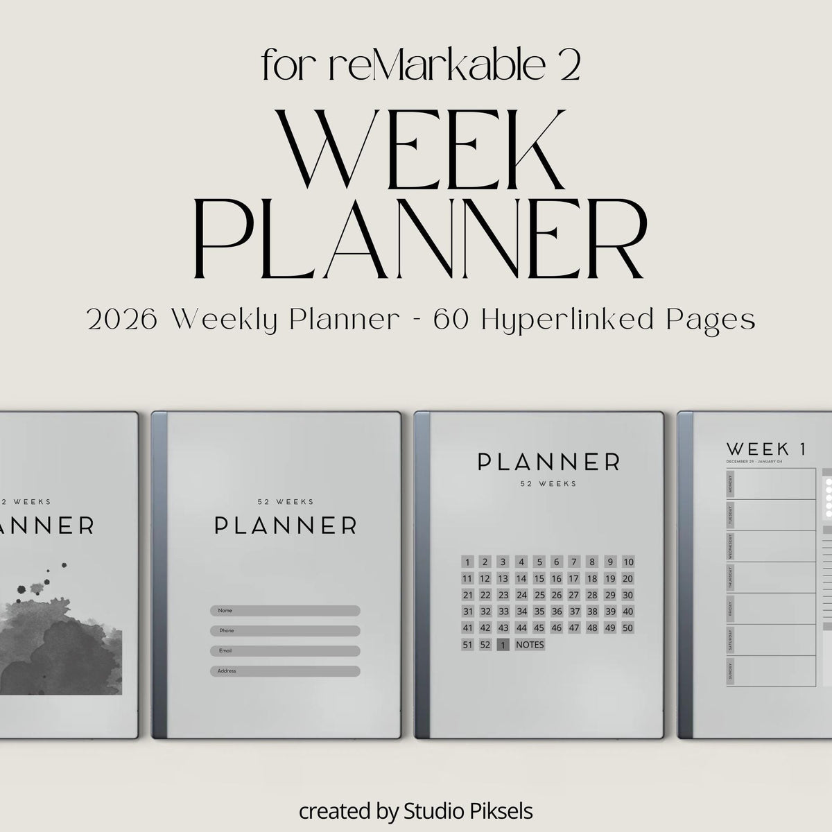 2026 Weekly Planner for reMarkable 2 and 1: Digital Hyperlinked Personal Calender With Weekly Overviews, Priorities, To-Do...