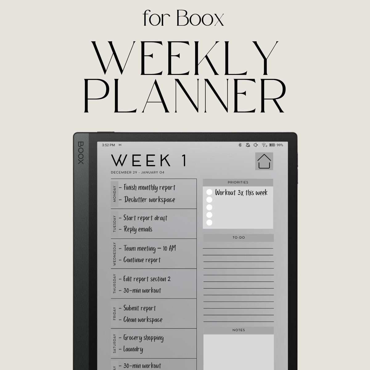 52 Week Planner for BOOX: Weekly 2026 Planner With Full Year Calendar, Linked Week Tabs and Minimalist Weekly Layouts