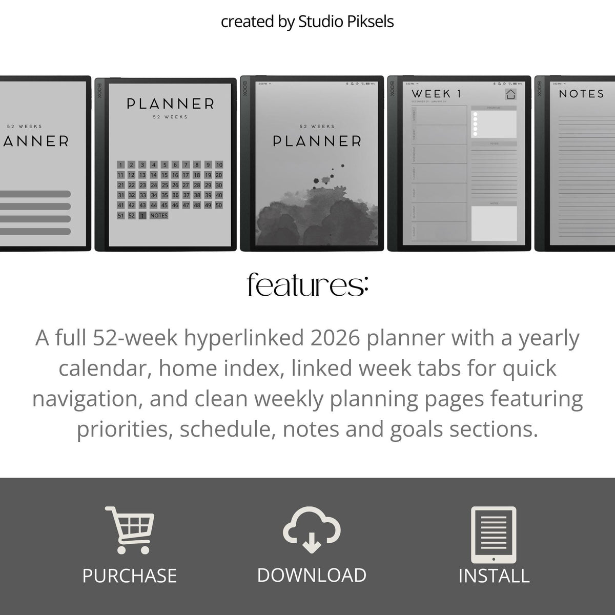 52 Week Planner for BOOX: Weekly 2026 Planner With Full Year Calendar, Linked Week Tabs and Minimalist Weekly Layouts
