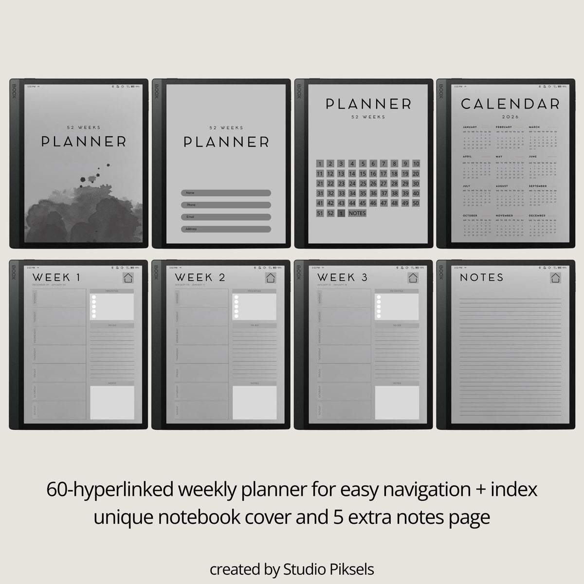 52 Week Planner for BOOX: Weekly 2026 Planner With Full Year Calendar, Linked Week Tabs and Minimalist Weekly Layouts