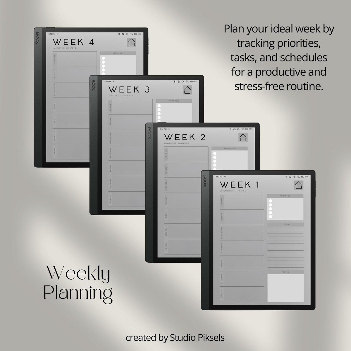 52 Week Planner for BOOX: Weekly 2026 Planner With Full Year Calendar, Linked Week Tabs and Minimalist Weekly Layouts