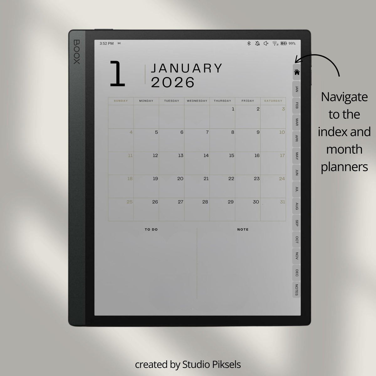 Hyperlinked 2026 Planner for BOOX tablets featuring monthly calendars, goal planning pages, budget trackers, mood tracking, and productivity tools.