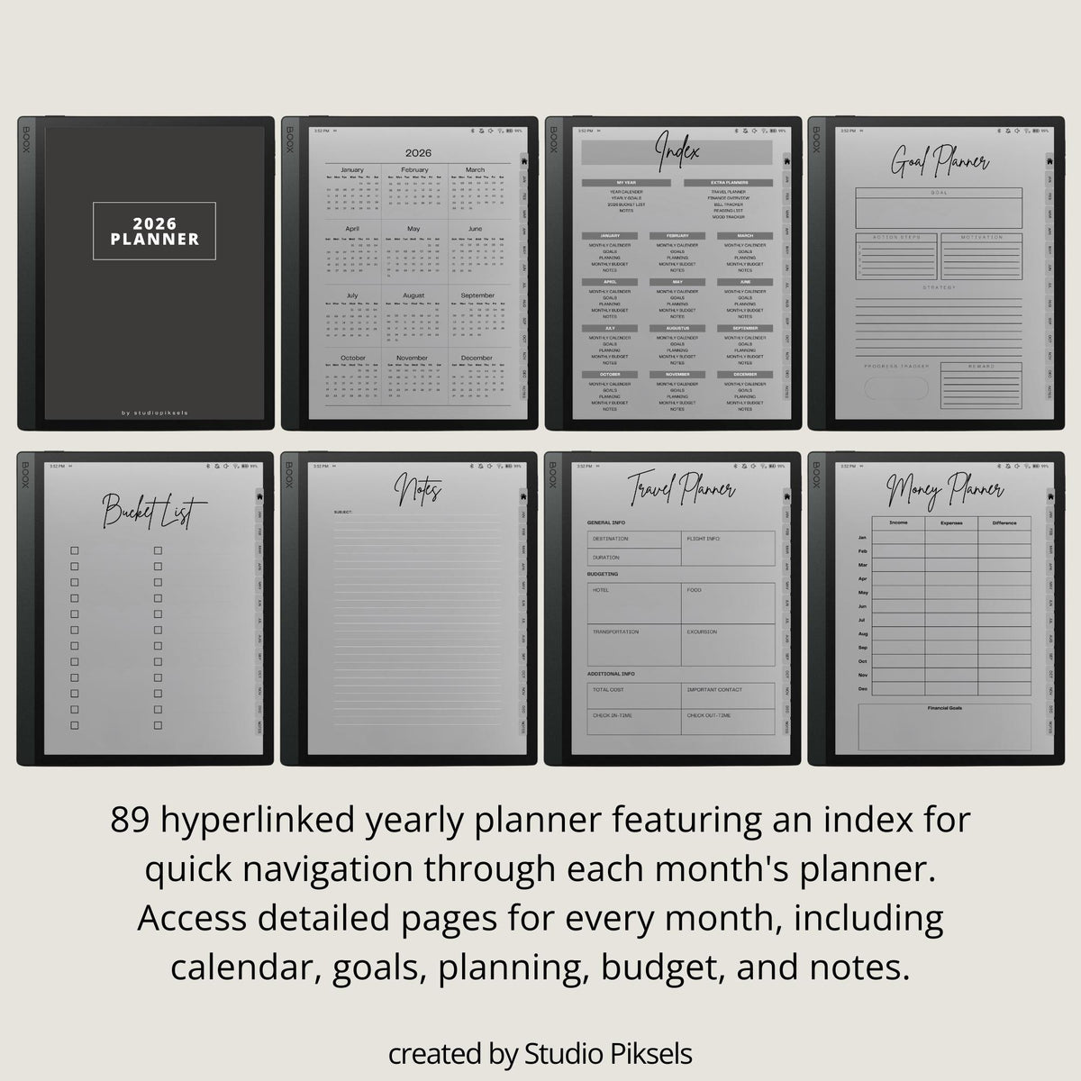 Hyperlinked 2026 Planner for BOOX tablets featuring monthly calendars, goal planning pages, budget trackers, mood tracking, and productivity tools.