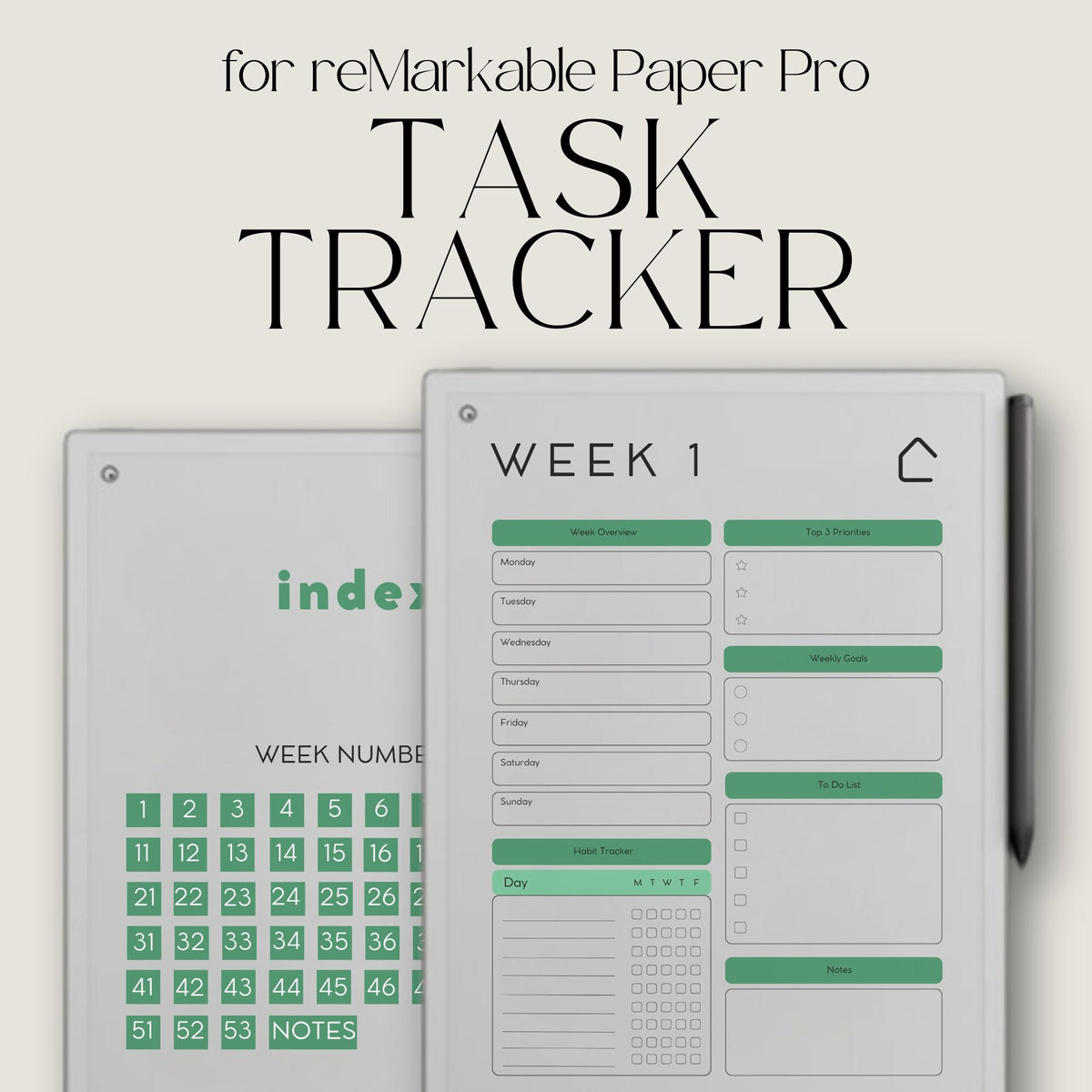 Task Tracker bundle for reMarkable Paper Pro with hyperlinked 52-week weekly planner pages, structured task management layouts, priority planning sections, goal tracking, habit tracking, to-do lists, and minimalist digital planner design optimized for distraction-free weekly organization.