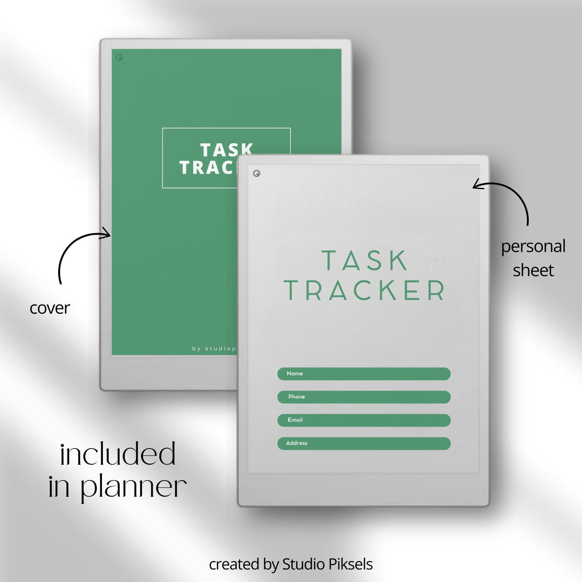 Task Tracker bundle for reMarkable Paper Pro with hyperlinked 52-week weekly planner pages, structured task management layouts, priority planning sections, goal tracking, habit tracking, to-do lists, and minimalist digital planner design optimized for distraction-free weekly organization.