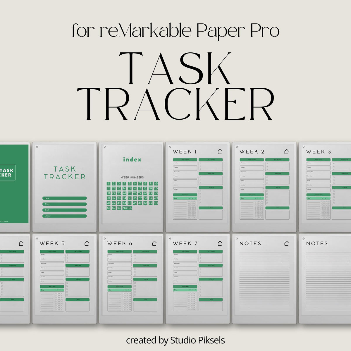 Task Tracker bundle for reMarkable Paper Pro with hyperlinked 52-week weekly planner pages, structured task management layouts, priority planning sections, goal tracking, habit tracking, to-do lists, and minimalist digital planner design optimized for distraction-free weekly organization.