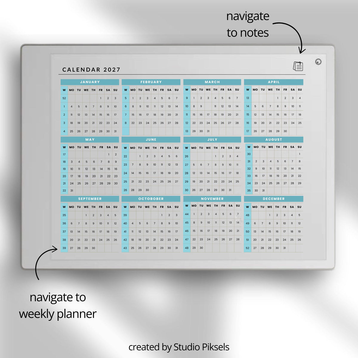 2026 2027 Weekly Planner for reMarkable Paper Pro featuring four hyperlinked digital PDF planners with quarterly and 52-week index versions, 53 dated weekly spreads per year, two-page Monday through Sunday weekly layouts, linked notes section, duplicate-ready note pages, and a flexible time blocking format.