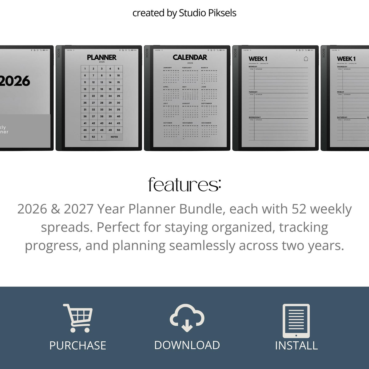 2-Year hyperlinked weekly planner bundle for BOOX devices featuring 2026 and 2027 digital planners with quarterly indexes, weekly navigation, and minimalist layouts.